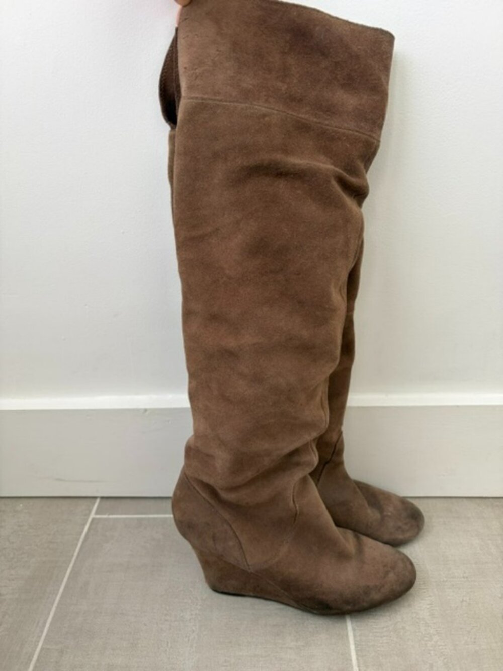 Tan suede knee high wedge boots, size 9